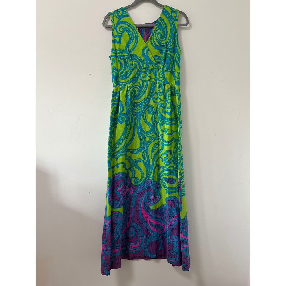 The Ritz Honolulu 70's Vtg Hawaii Maxi Dress S Neon Green Mod Paisley Batik